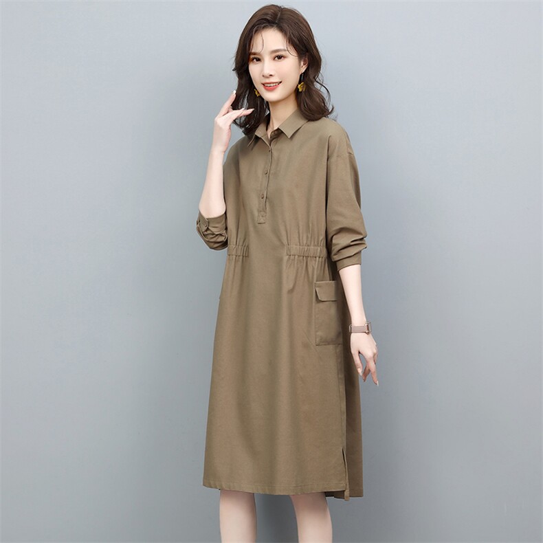 2022春季新款简约时尚气质衬衫领宽松休闲舒适棉麻连衣裙,女装连衣裙,独衣靓