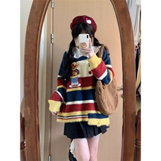 MM126-P65海马毛卡通撞色条纹圆领毛衣女秋冬慵懒风温柔软糯针织，女装针织衫/毛衣，星座617A-2