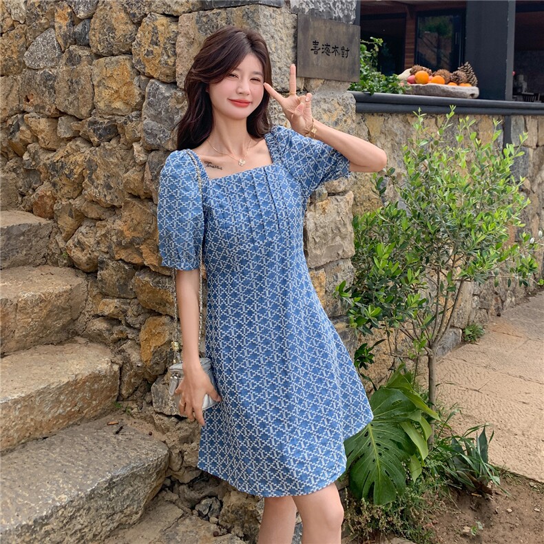 港风复古蓝色格子连衣裙女2025夏新款小个子宽松休闲泡泡袖A字裙,女装连衣裙,2C206