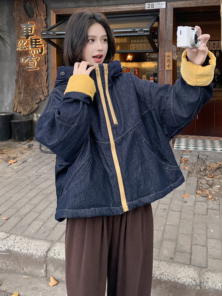 连帽短款牛仔外套复古加厚保暖上衣女冬,女装牛仔外套,2C283