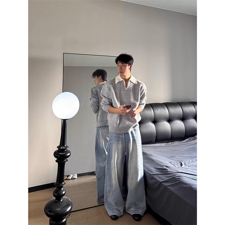 重磅北极绒假两件衬衫领毛衣美式高街复古休闲慵懒纯色翻领针织衫，男装针织衫/毛衣，电商A486-1