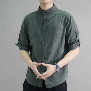 夏季立领洗水皱透气吸汗男七分袖宽松大码潮男装衬衣C1020-P24图片