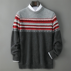 2025年秋季长袖时尚都市套头圆领花型拼色，男装羊毛衫，千国羊绒