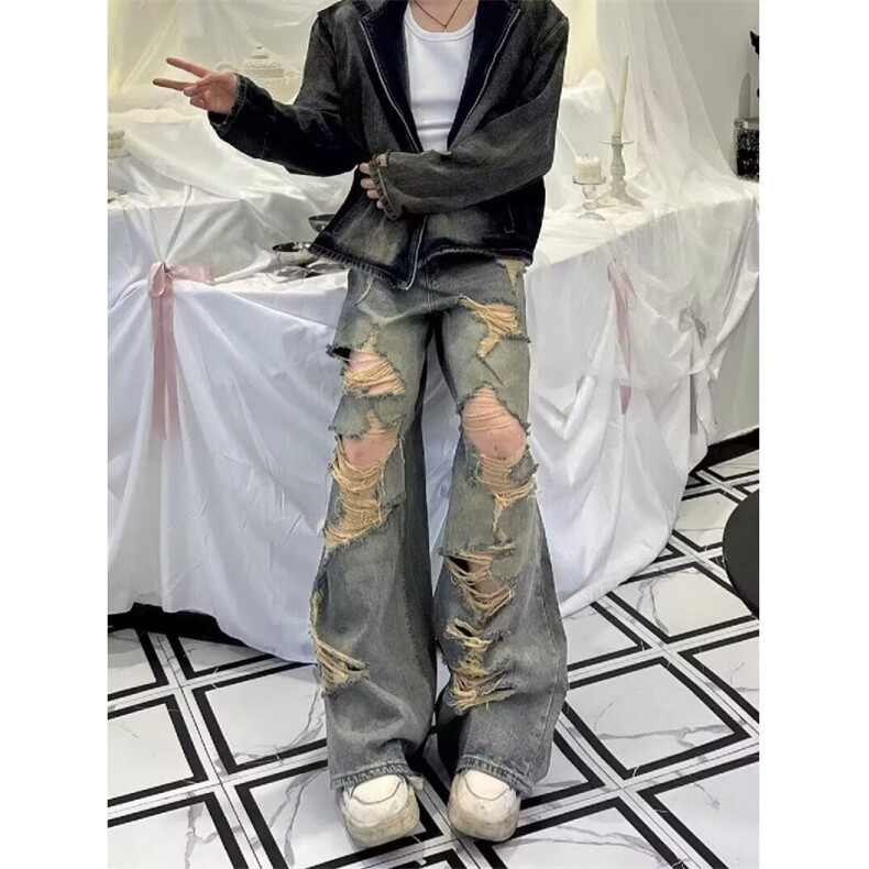 黄泥蓝破洞牛仔裤男高级感痞帅cleanfit废土风裤子美式高街微喇裤,男装牛仔裤,星座1018A