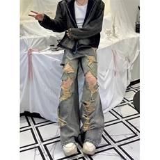 黄泥蓝破洞牛仔裤男高级感痞帅cleanfit废土风裤子美式高街微喇裤，男装牛仔裤，星座1018A