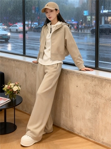 高级感时尚休闲套装女春季纯色连帽卫衣内搭白色背心阔腿裤三件套图片