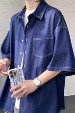 8XL-M冰丝牛仔短袖衬衫男款夏季薄款宽松慵懒衬衣外套DC28006P60，男装T恤，电商B312
