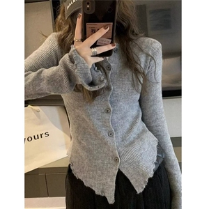 V领常规款开衫ins单件单排扣通勤灰色不规则针织打底衫女秋冬长袖图片