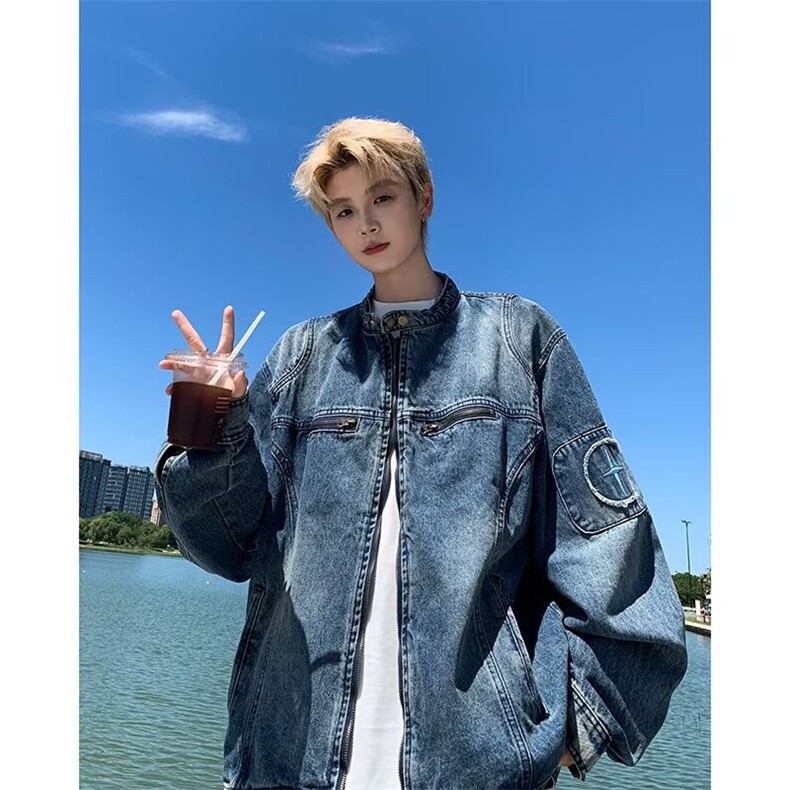 春季水洗立领牛仔外套男士潮流春秋百搭宽松夹克上衣N1232/P75，男装工装外套，星座506