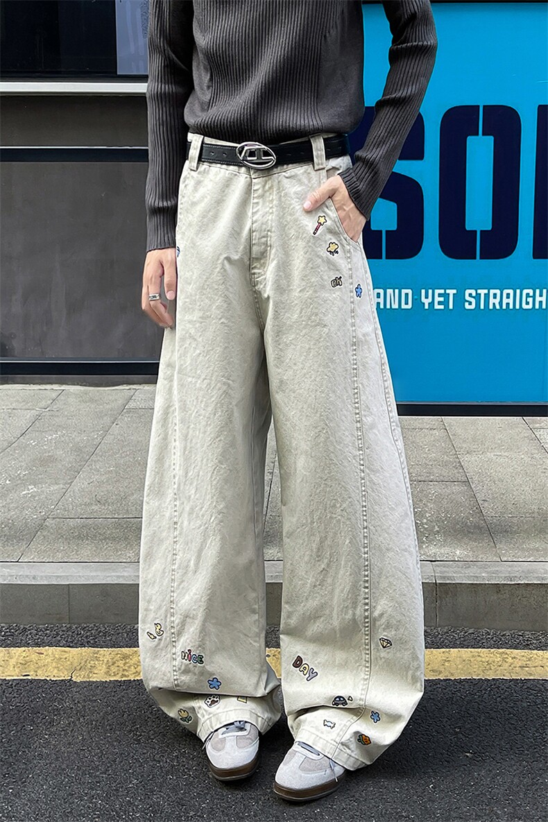 8X-M卡通绣花休闲裤男2025新款情侣宽松阔腿弯刀裤子K9173P78,男装休闲裤,电商D206-1