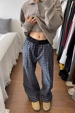 美式复古撞色格子休闲裤男百搭青少年宽松阔腿拖地长裤，男装休闲裤，星座218-1（原230）