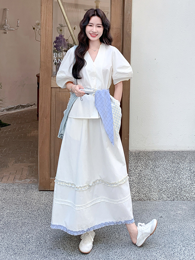 高级感V领上衣半身裙两件套女夏季新款气质显瘦温柔风套装连衣裙,女装套装/套裙,浙宝305