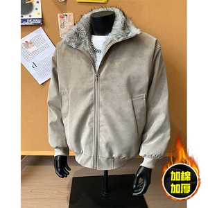 现货高品质美式高街重磅座山雕毛毛领pu皮棉衣男女加厚棉服冬外套图片