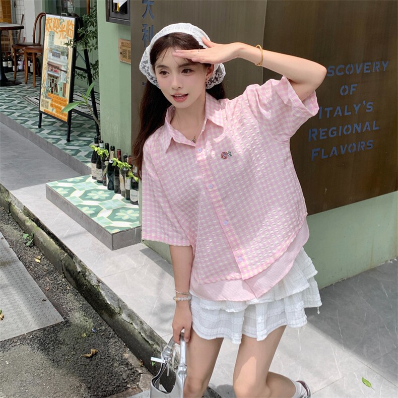 D654-P45 夏日小花刺绣假两件衬衫新款设计感短袖Polo领上衣图片