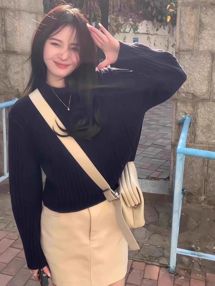 复古坑条圆领羊毛针织衫女长袖宽松百搭套头毛衣秋冬加厚显瘦上衣,针织衫/毛衣,雪真羊绒