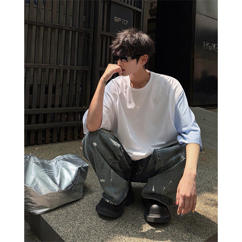 夏季原创不对称设计拼接条纹剪裁潮牌时尚简约短袖T恤短袖P38,男装T恤,电商B319