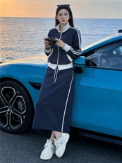 高级时尚休闲套装女春季订珠拼接色拉链开衫卫衣长半身裙两件套潮，女装套装/套裙，江南