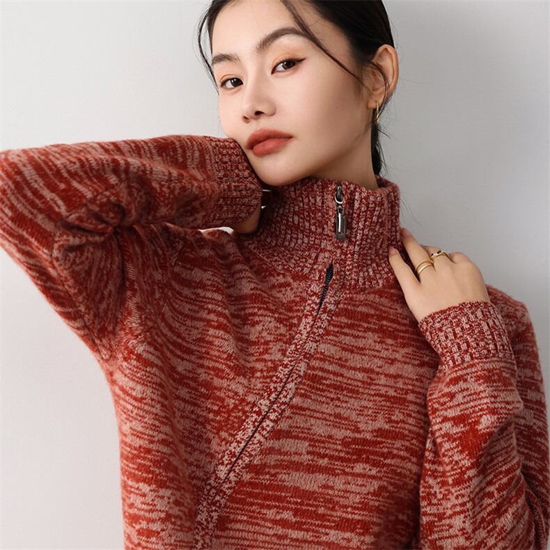 秋冬季新款女时尚百搭显瘦斜拉链套头羊毛衫,女装羊毛衫,琳尚羊绒