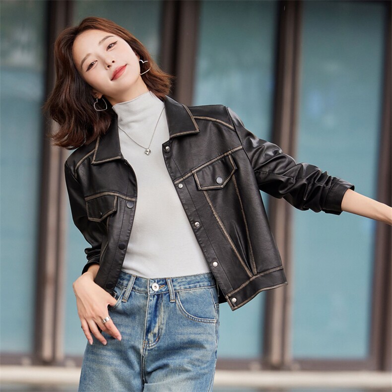 复古机车款皮衣女外套2024秋装新款小个子短款方领短款皮衣外套,女装皮衣,魅衣本色