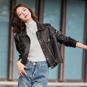 复古机车款皮衣女外套2024秋装新款小个子短款方领短款皮衣外套图片