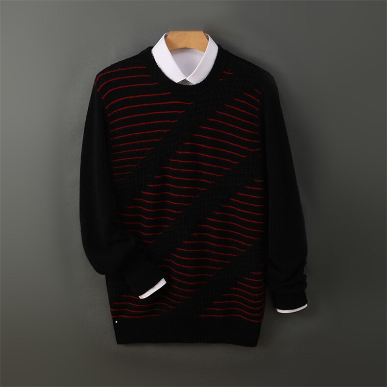 时尚男士秋冬款羊毛横条纹圆领毛衣舒适保暖经典百搭男装，男装羊毛衫，德晨羊绒