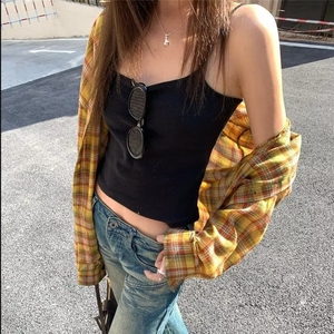 2025美式复古多巴胺黄色格子衬衫男女高街衬衣开衫长袖外套上衣图片