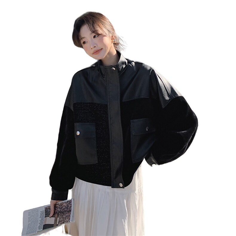 短款皮衣外套女2024秋季新款宽松洋气时尚显瘦休闲百搭拼接皮夹克,女装皮衣,简古