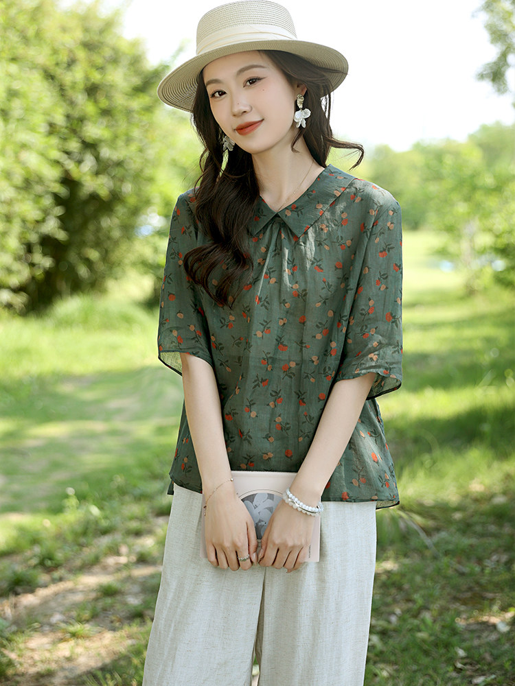 2025夏季新款碎花小衫复古宽松短袖女娃娃领上衣高级感减龄衬衫潮,女装衬衫,凝聚力