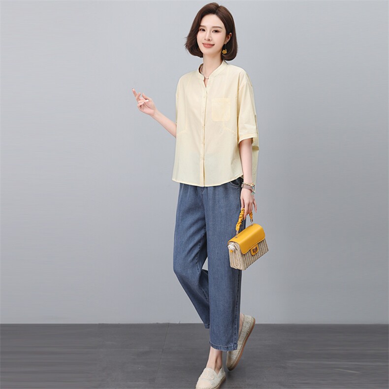 时尚休闲套装女夏2025新款中年妈妈宽松减龄短袖衬衫牛仔裤两件套,女装套装/套裙,悦见她