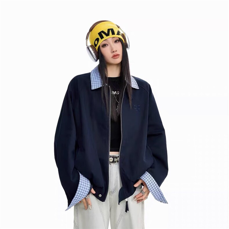 JY0600-P62拼接格纹领口夹克外套新款休闲男女款短款风衣图片