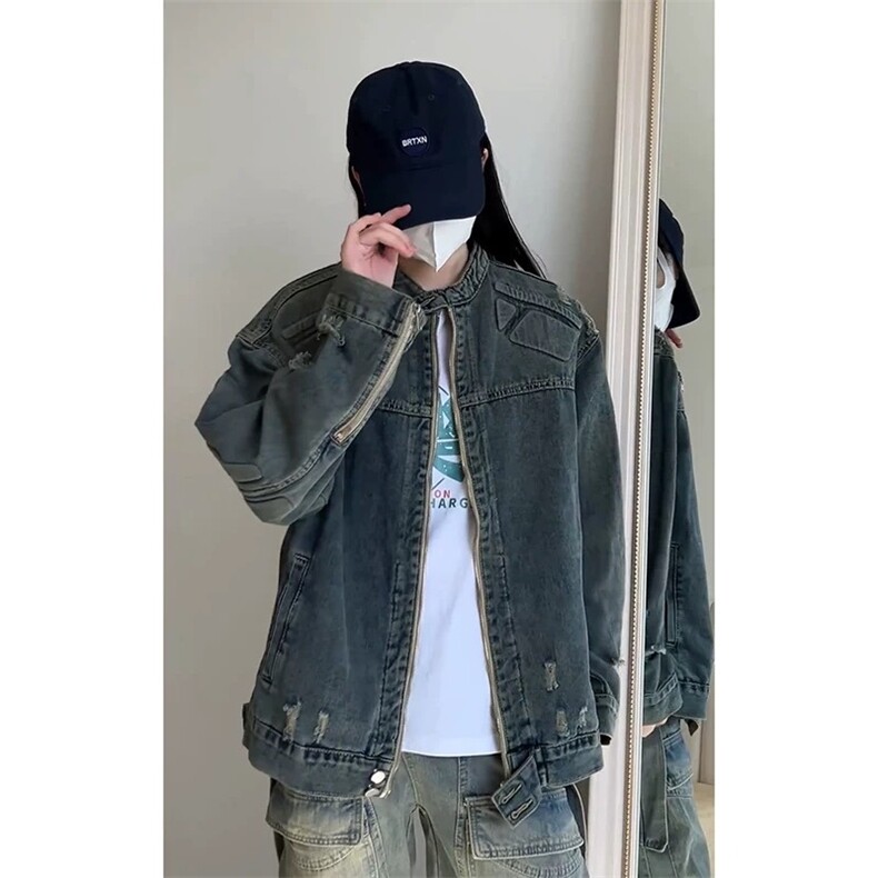 美拉德潮牌复古水洗做旧牛仔外套男女高街百搭浮雕异形机甲夹克秋图片