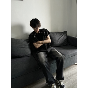 秋季美式ins高街hiphop拉链直筒重工艺水洗牛仔裤货号K685P55图片