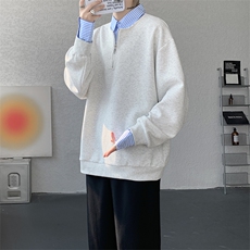 新款假两件条纹拉链衬衫领休闲春款卫衣高街休闲学院卫衣特P50，男装衬衫，电商B319