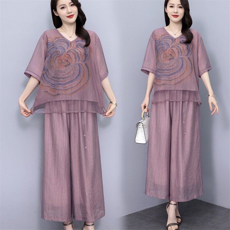 现货天丝麻冰丝大码女夏季2025新款垂感阔腿裤高级感宽松气质套装，女装套装/套裙，木橙西子