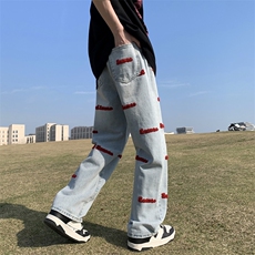 美式hiphop裤子潮牌vibe风宽松直筒阔腿裤男女刺绣牛仔裤，男装牛仔裤，星座1018A