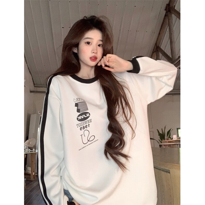 EE102-P50 卫衣男女情侣装春秋薄款2024潮流宽松条纹圆领韩版上衣图片