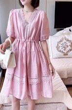 新款可盐可甜气质V领抽绳设计连衣裙，女装连衣裙，L·H·X