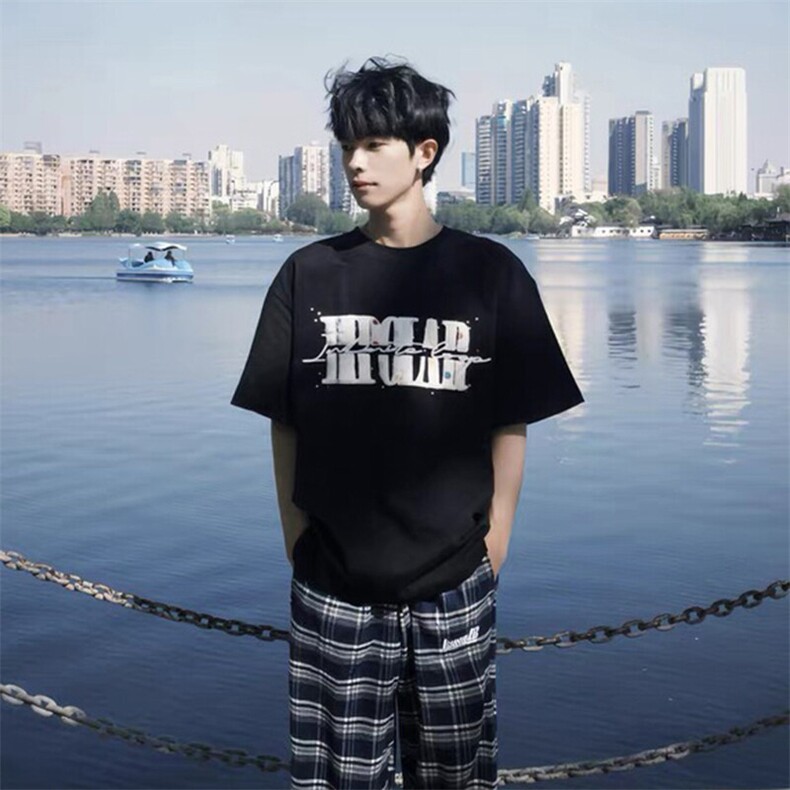 万针全刺绣工艺抖音得物高品质260克重磅纯棉双纱美式高街短袖T恤,男装T恤,电商A486-1
