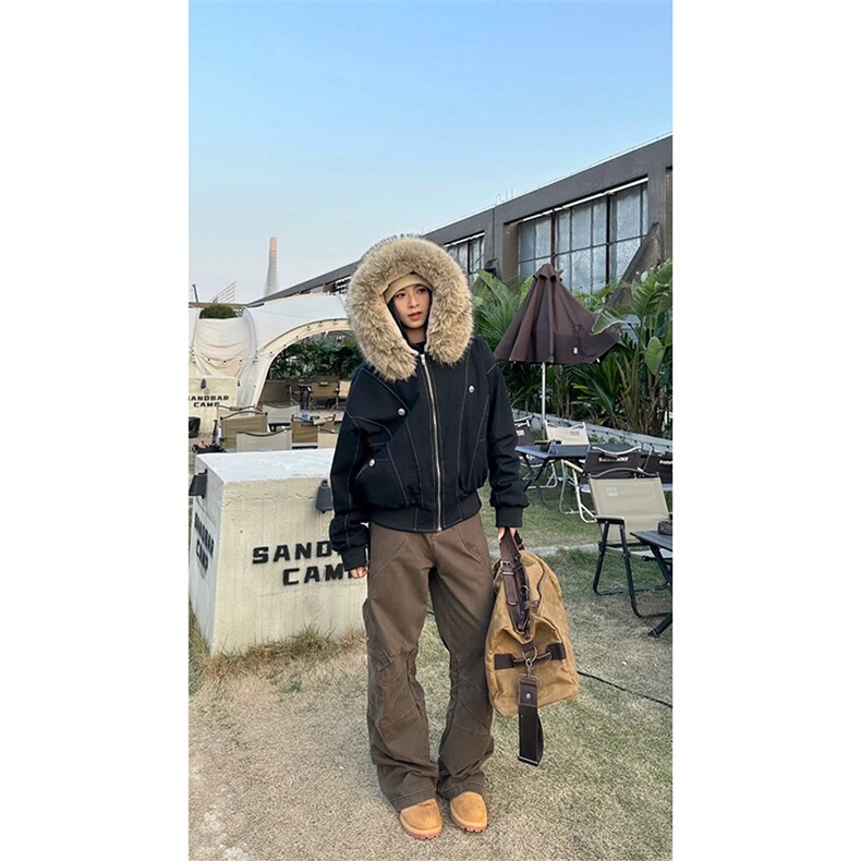 现货重磅boxy短款棉衣座山雕大毛毛领男女棉服水洗工装厚外套,男装棉衣,电商A486