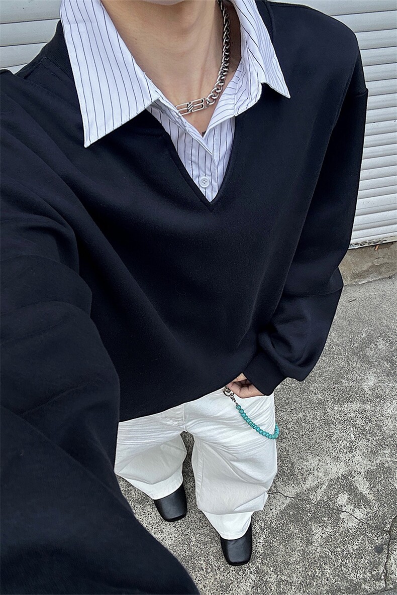 高级感假两件复古学院风条纹V领boxy卫衣男C64136-TP4079,男装卫衣,电商A102