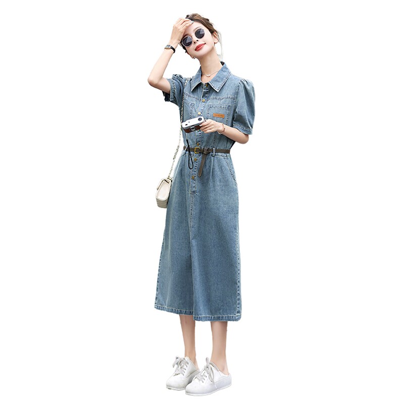 短袖牛仔连衣裙女中长款2025年夏装小个子洋气网红气质a字裙子,女装连衣裙,E百度