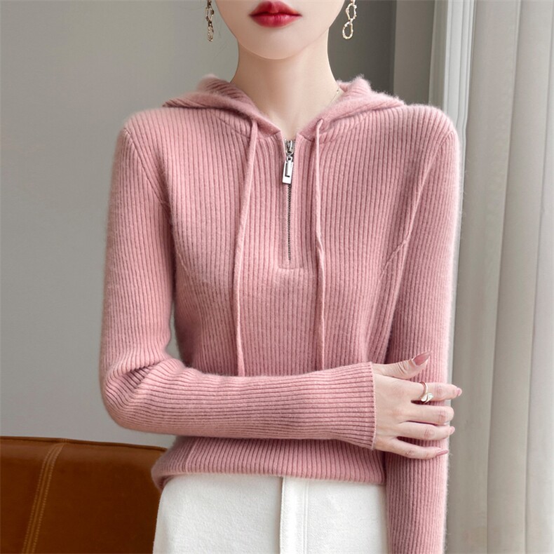 100%纯羊毛衫女半拉链帽衫坑条长袖连帽羊绒衫宽松针织衫抽绳毛衣，女装羊毛衫，九嘉羊绒