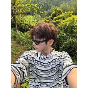 现货JY174-P50 精致感小立领彩色条纹休闲宽松长袖T恤上衣 网图图片