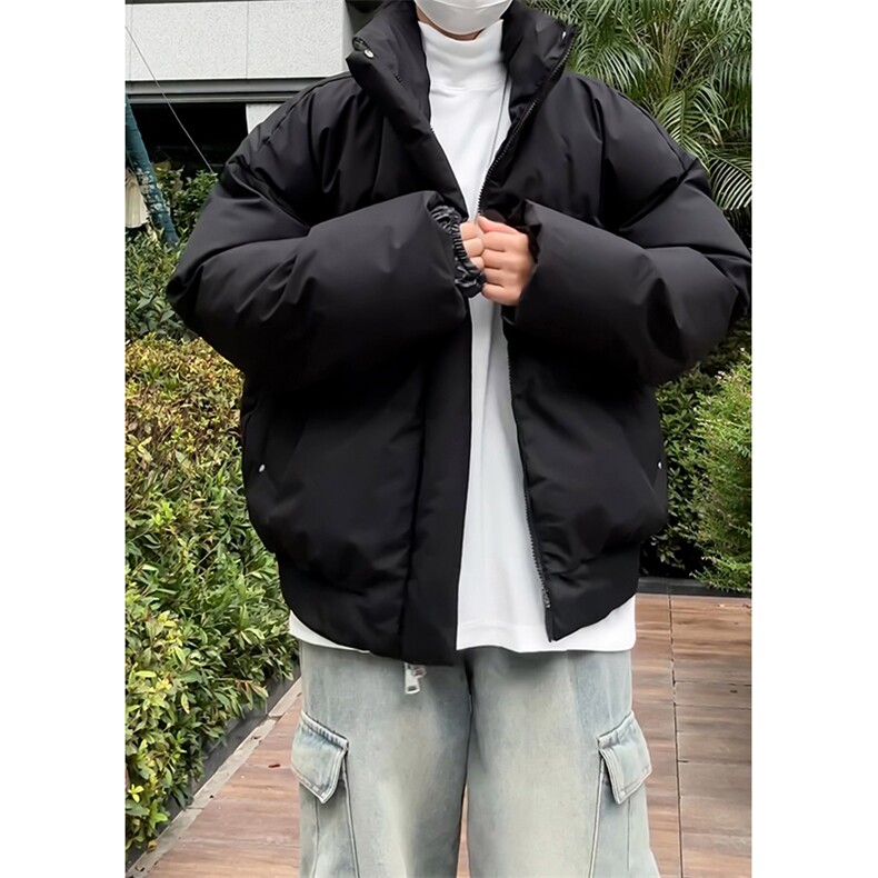 现货5W件冬季三防美式重磅硬挺boxy羽绒纯色立领棉衣外套加厚棉服图片
