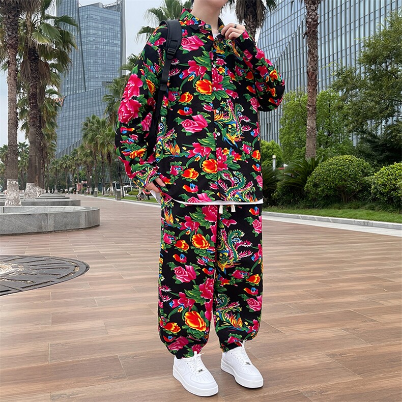 东北花衬衣男新式唐装复古潮大码牡丹衬衫秋季长裤8018套装特P55,男装衬衫,电商A056