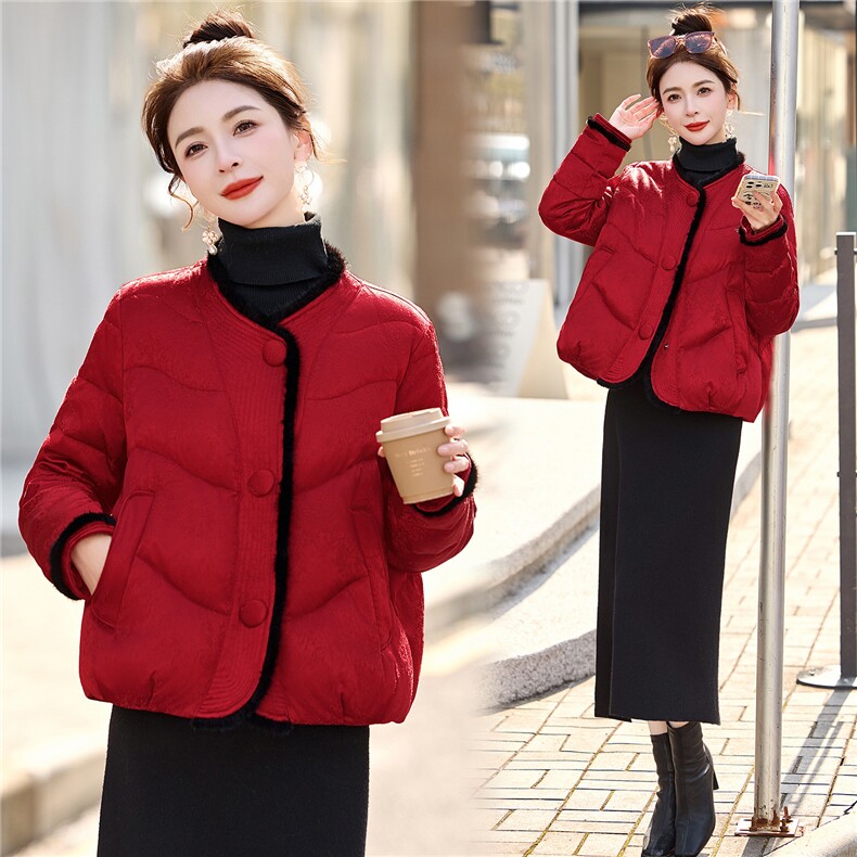 新中式提花真水貂毛红色短款羽绒服女2025年冬季新款外套90白鸭绒，女装羽绒服，润尚靓点