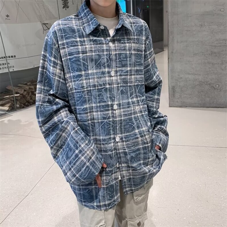 树纹格子衬衫新款小众设计情侣长袖男女做旧百搭潮流LC1522-p44图片