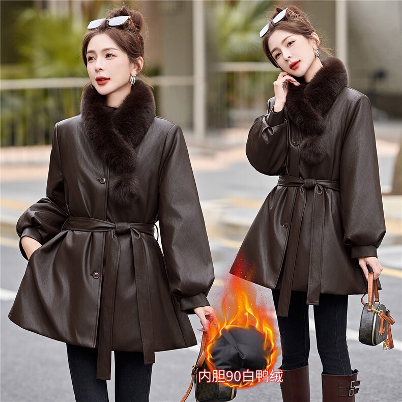 现货狐狸毛领2025年冬季新款时尚皮衣保暖中长款羽绒服90白鸭绒，女装羽绒服，蓝诺裳