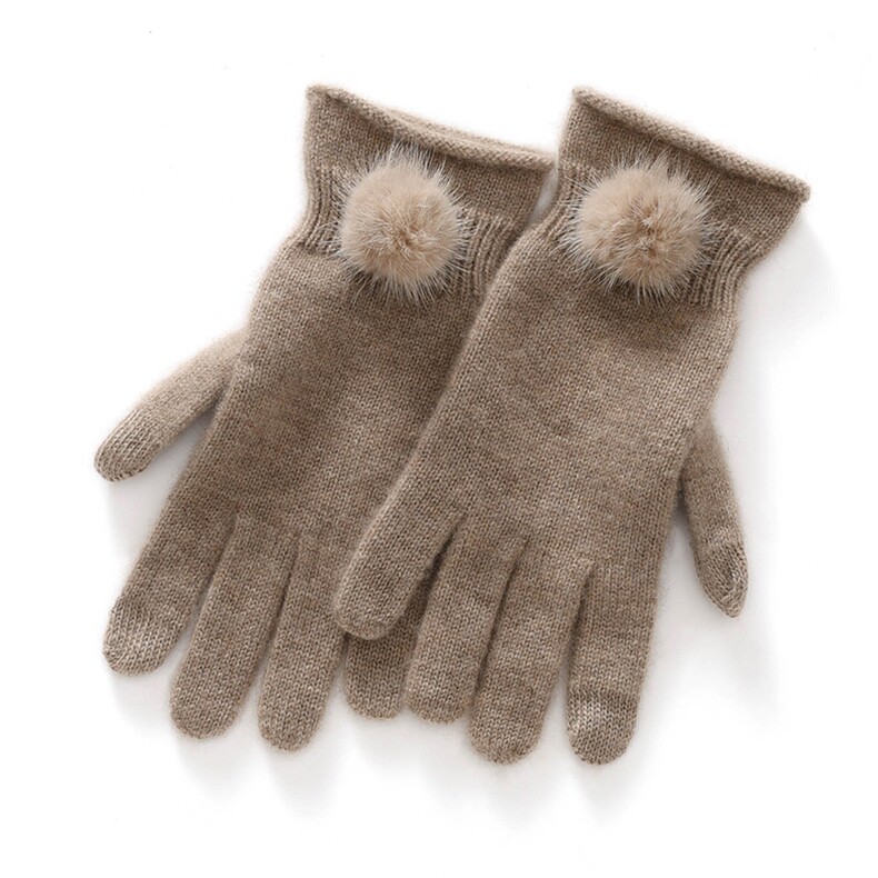 秋冬季335%羊绒休闲百搭优雅貂绒毛球手套，手套，蒙娇羊绒