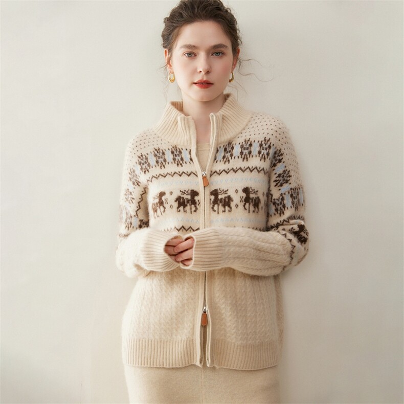 LP同款秋冬山羊绒开衫女半高领撞色提花加厚毛衣外套双拉链针织衫，女装羊绒衫，纳丰羊绒